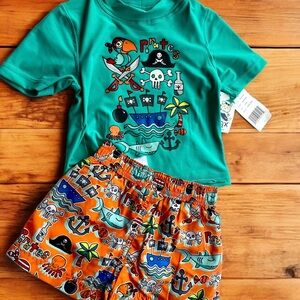 Kiko & Max Infant Boys Turquoise Rashguard Swim Set Size 3/6M Pirates NWT!